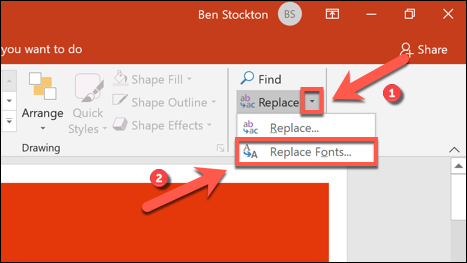 Remplacer Remplacer> Remplacer les polices pour remplacer rapidement vos polices PowerPoint » width= »467&Prime; height= »263&Prime; onload= »pagespeed.lazyLoadImages.loadIfVisibleAndMaybeBeacon(this); » onerror= »this.onerror=null;pagespeed.lazyLoadImages.loadIfVisibleAndMaybeBeacon(this); »/></p>
<p>Dans la fenêtre «Remplacer les polices», sélectionnez la police que vous souhaitez rechercher et remplacer dans le menu déroulant «Remplacer».</p>
<p>Choisissez la police que vous souhaitez utiliser à la place dans le menu déroulant «Avec», puis cliquez sur «Remplacer» pour confirmer.</p>
<p><img loading=