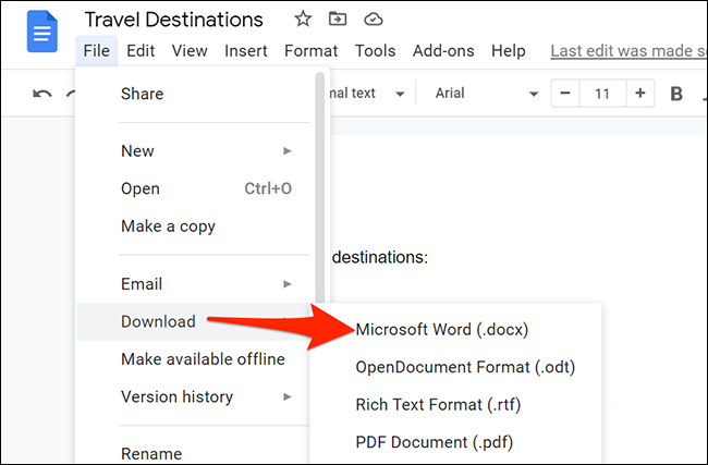 Sélectionnez Fichier > Télécharger > Microsoft Word dans la barre de menus de Google Docs. » width= »650″ height= »427″ onload= »pagespeed.lazyLoadImages.loadIfVisibleAndMaybeBeacon(this); » onerror= »this.onerror=null;pagespeed.lazyLoadImages.loadIfVisibleAndMaybeBeacon(this); »></p>
<p>Dans la fenêtre « Enregistrer sous » qui s’ouvre, sélectionnez un dossier dans lequel enregistrer votre document et cliquez sur « Enregistrer » en bas de la fenêtre.</p>
<p><img loading=