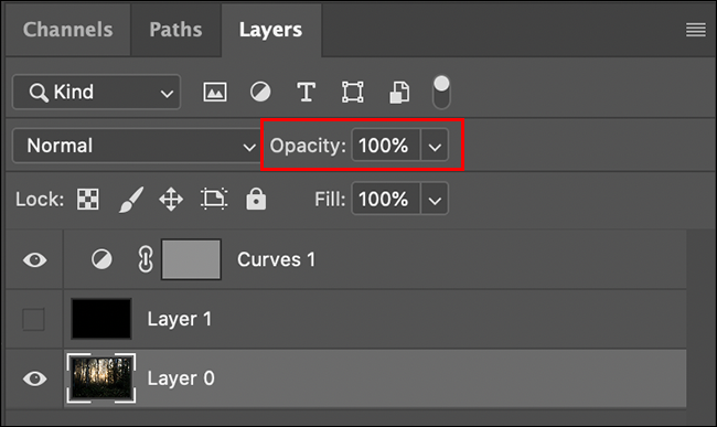 l'opacité du calque est dans le panneau des calques