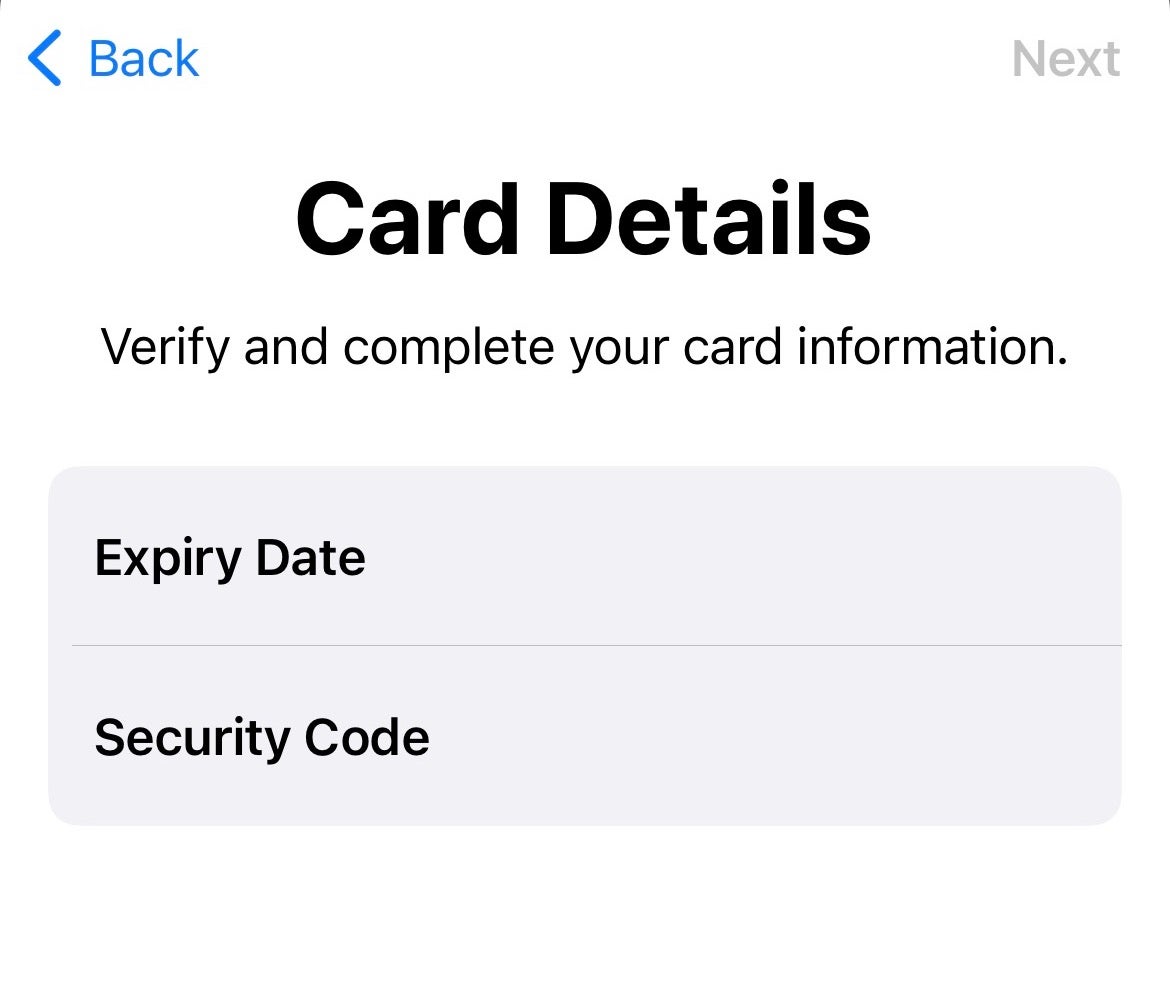 Détails de la carte Apple Pay Code de sécurité