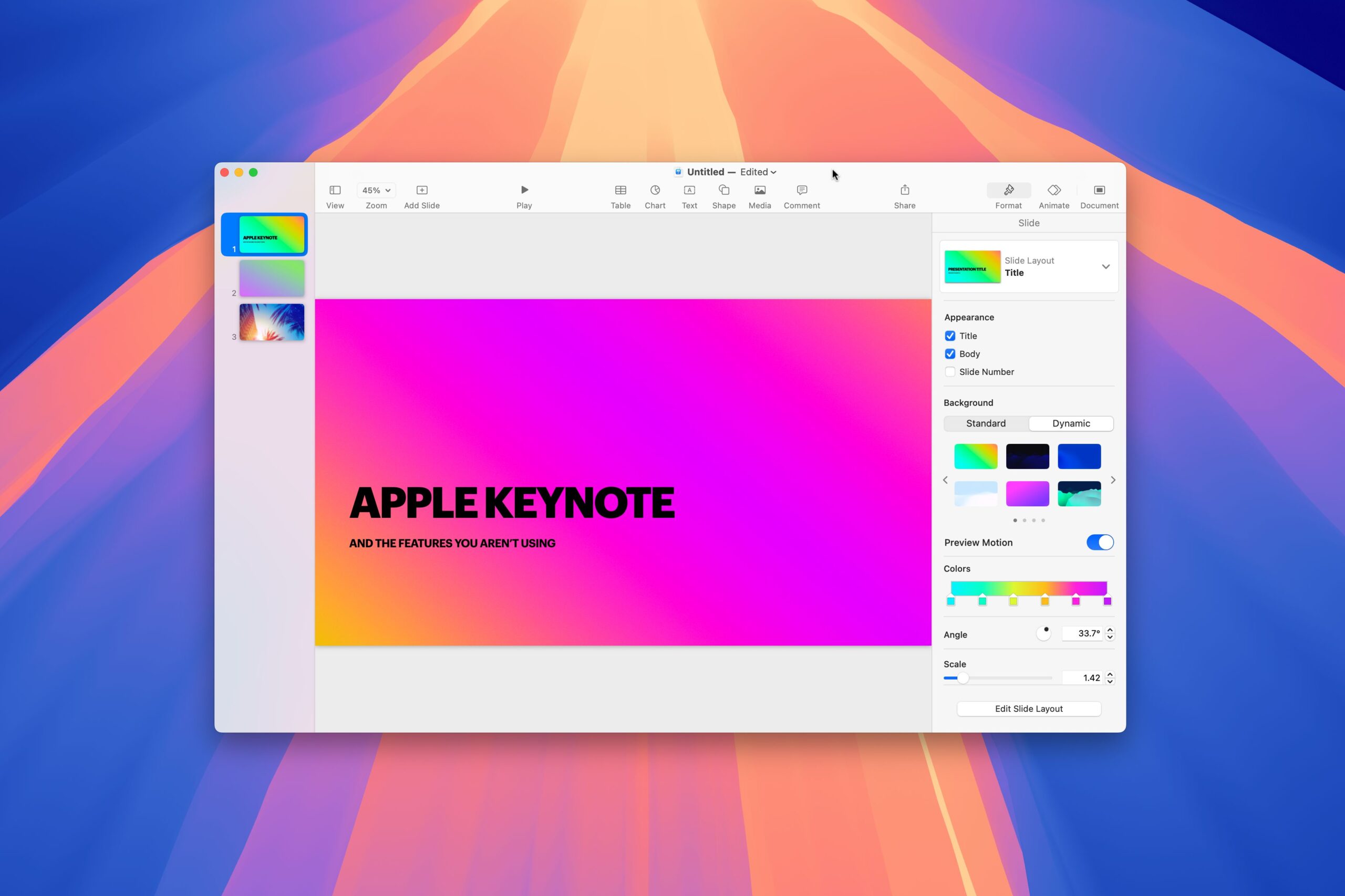 Apple Keynote on a macOS Sequoia wallpaper.
