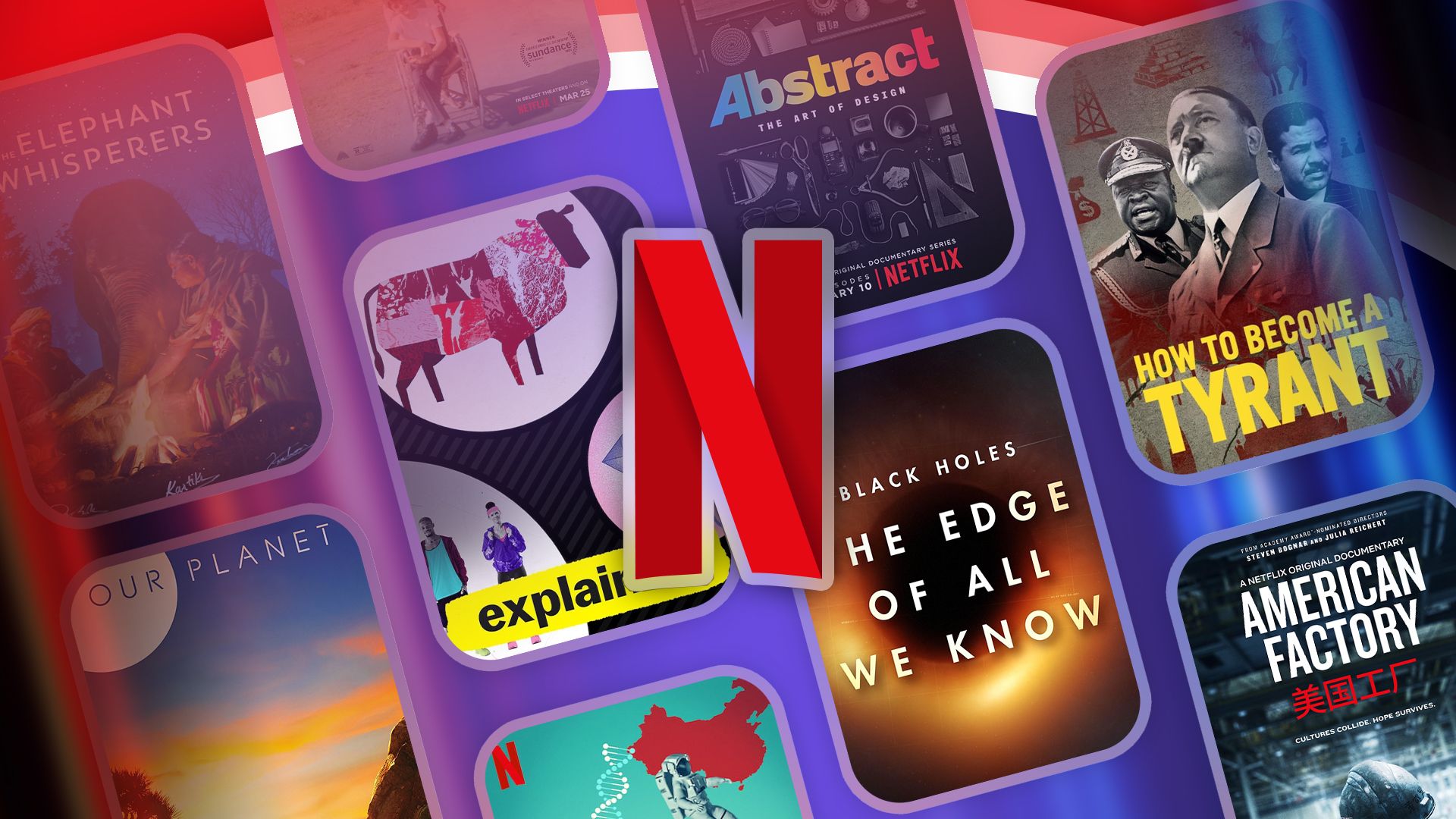 Netflix logo with several documentaries in the background.