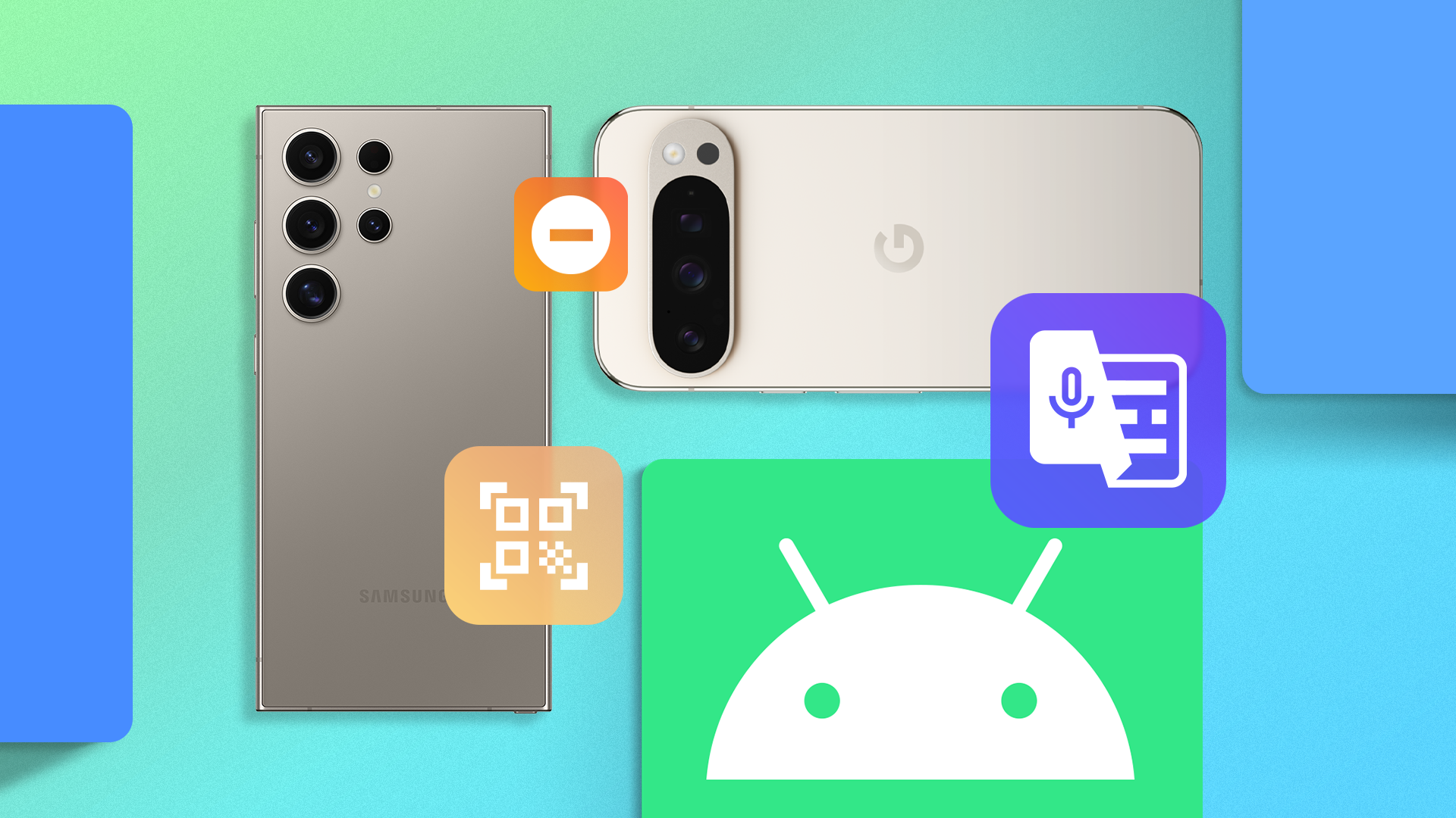 A Samsung Galaxy and a Google Pixel seen from the back, surrounded by icons representing Android features, on a colorful gradient background.