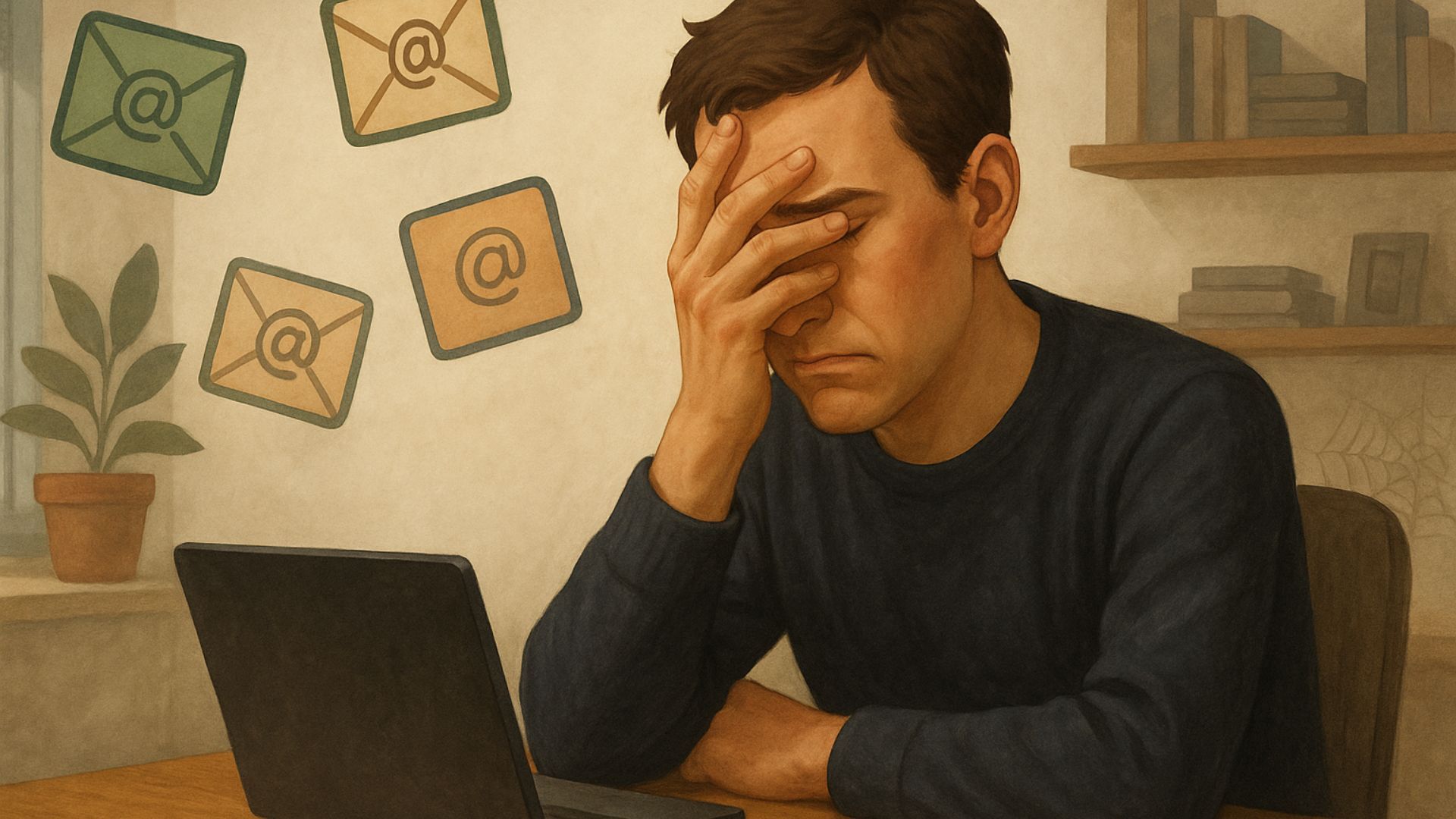A man facepalms as email icons float around him.