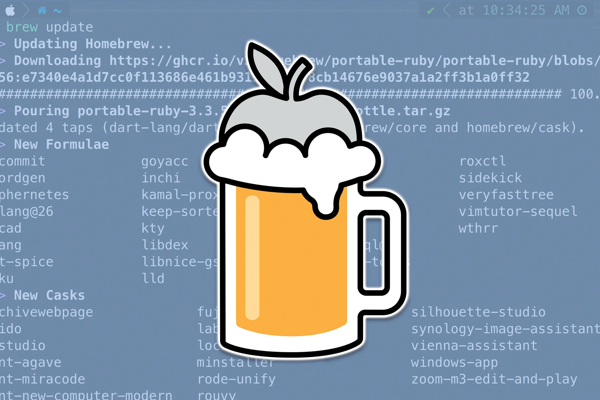 The Homebrew logo over a terminal window.