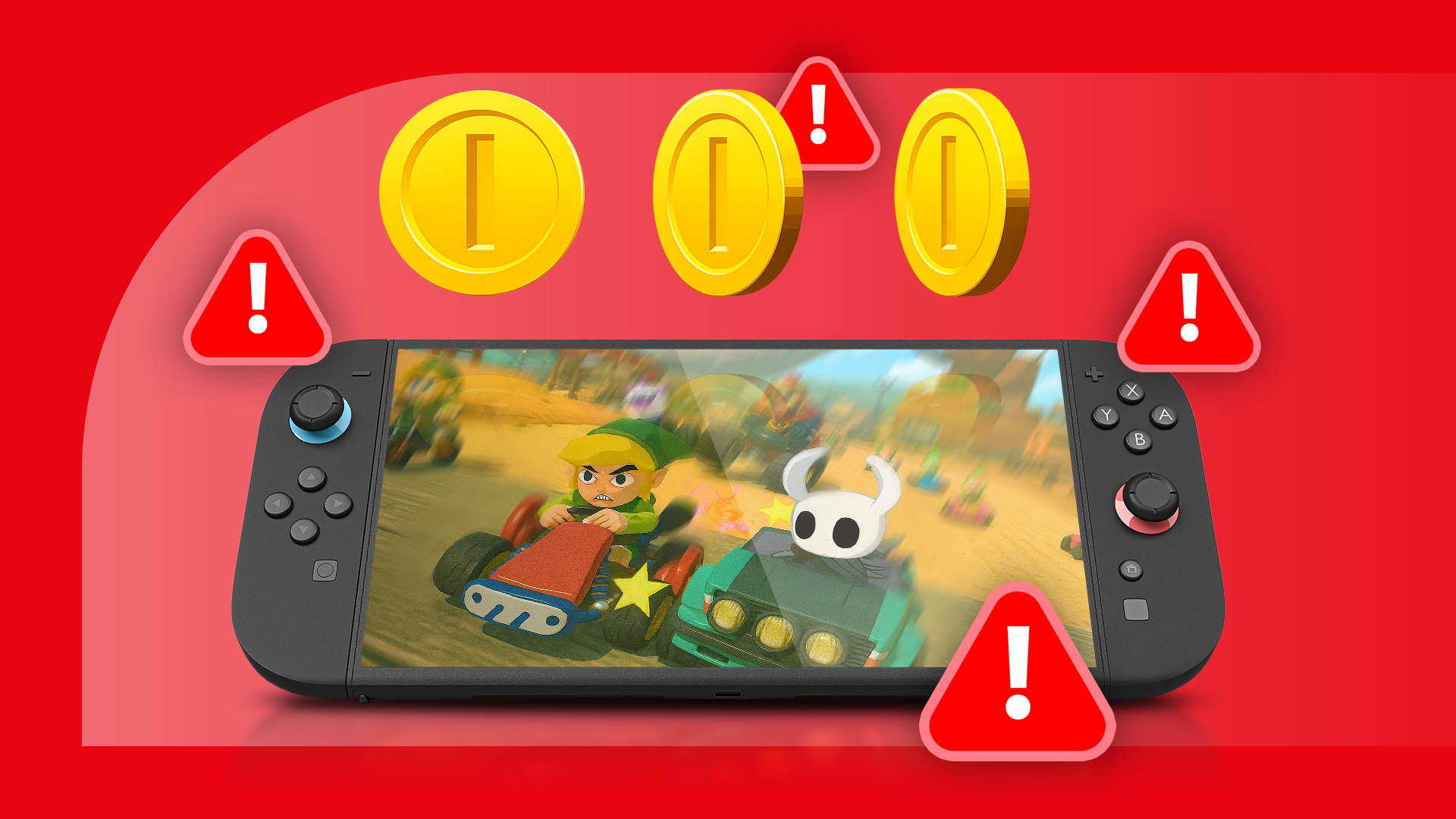 A Nintendo Switch 2 running a kart racing game with knockoff Link and Hollow Knight characters, three golden coins above, and red warning signs around.