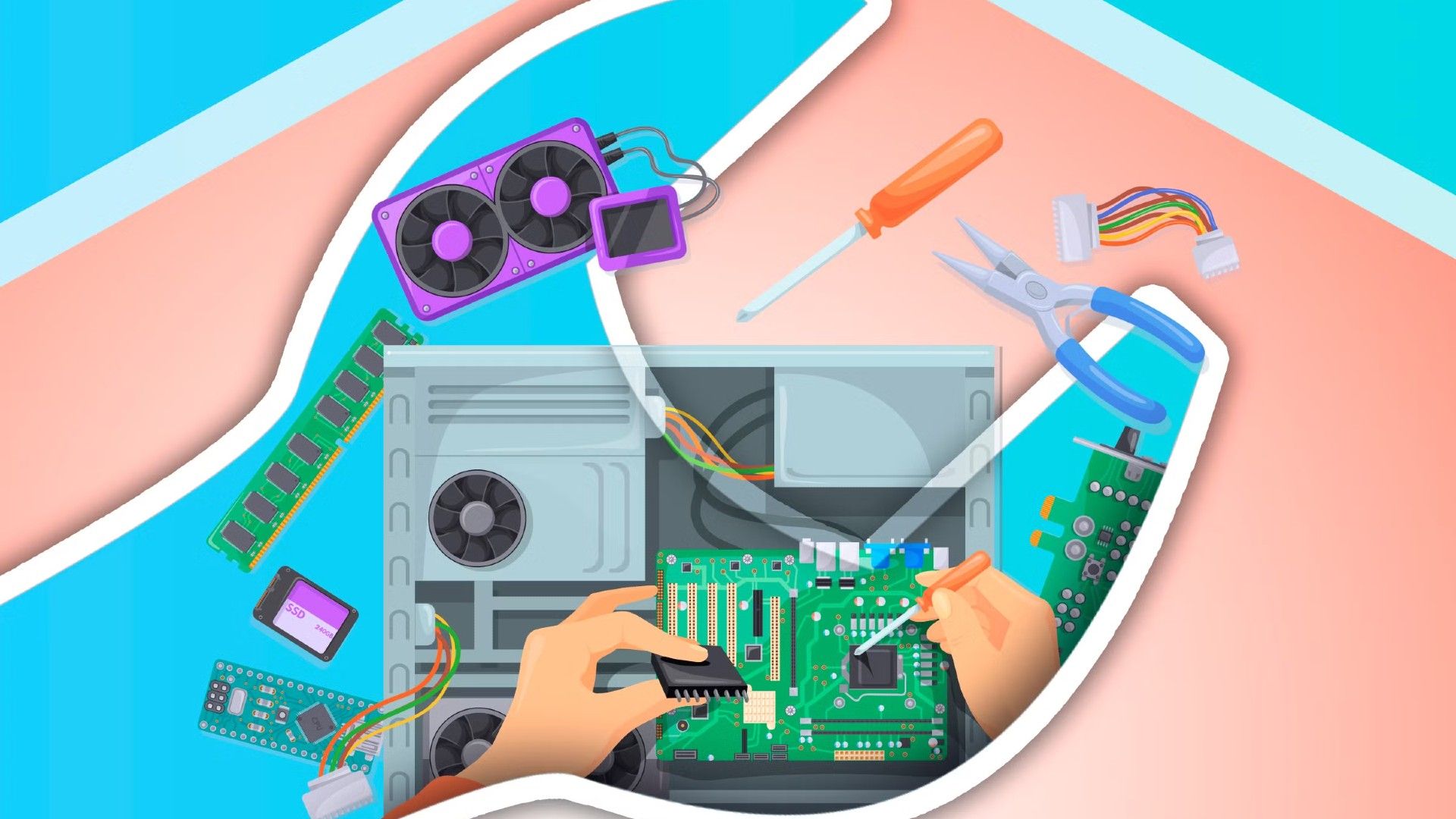 Illustration of a disassembled PC and two hands assembling it, with some parts and tools around.