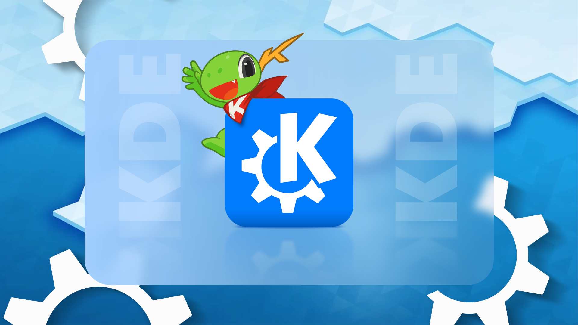 KDE logo with the mascot Konqi wearing a red cape, popping out playfully from behind the gear icon, set against a blue geometric background with the word