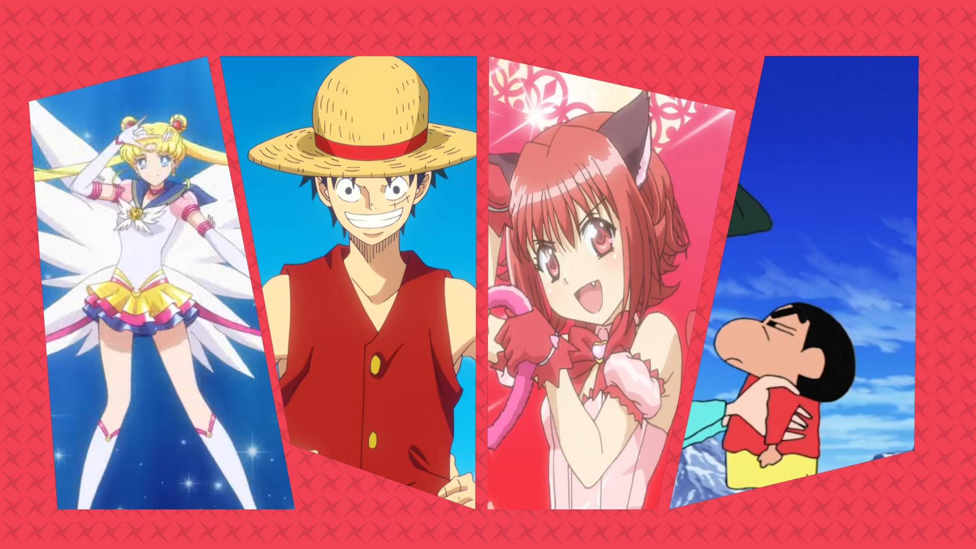 A collage of anime including Sailor moon, One piece, Mew Mew Power and Crayon Shin Chan