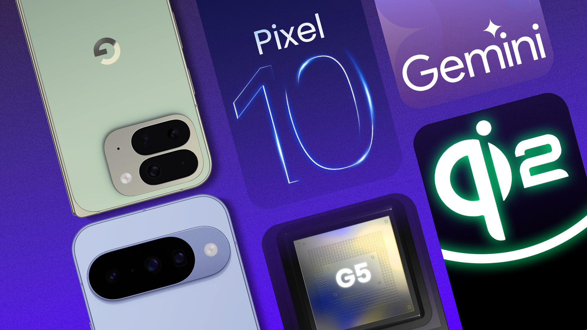 Two Google Pixel 10 smartphones alongside the Pixel 10 logo, Gemini logo, Qi2 charging symbol, and a G5 processor chip.
