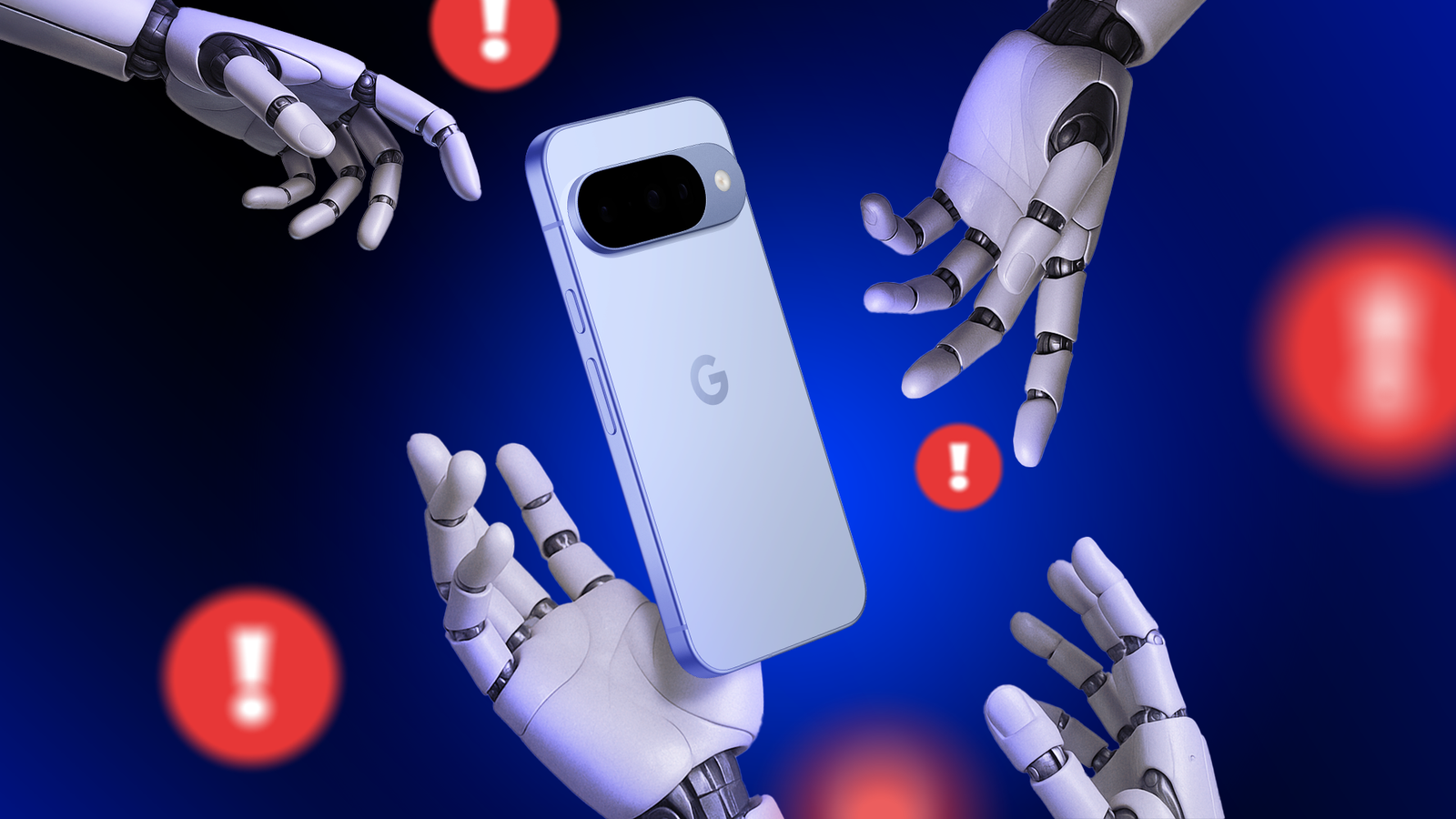 Robot hands reaching for a Google Pixel smartphone surrounded by red warning icons with exclamation marks.
