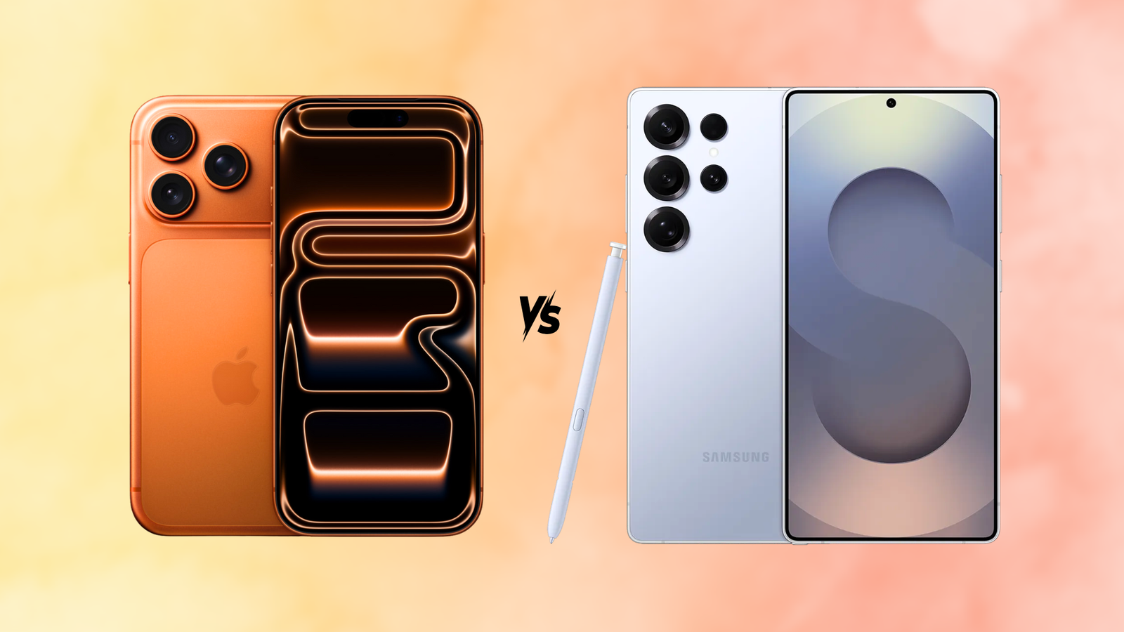 Picture of the iPhone 17 Pro and the Galaxy S25 Ultra side-by-side on a gradient background.