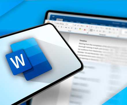 Un écran de téléphone affichant le logo Microsoft Word et un écran de bureau flou en arrière-plan avec Word ouvert.