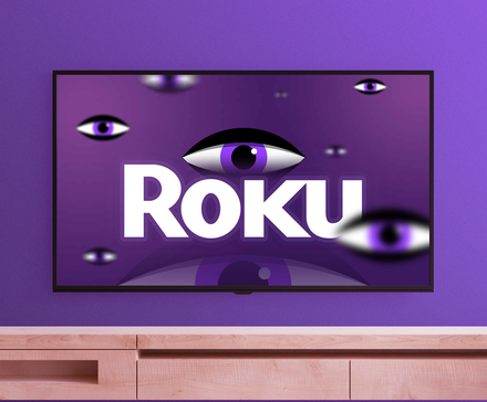Écran de télévision affichant le logo Roku avec plusieurs yeux illustrés autour, sur fond violet.