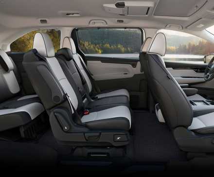 Prise de vue à l'intérieur de l'habitacle d'une Honda Odyssey 2025 montrant ses trois rangées de sièges.