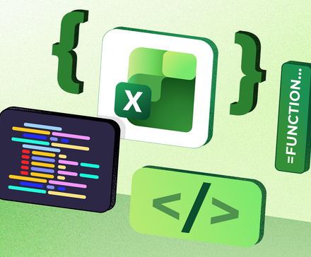 Icône Excel entourée de symboles de codage, notamment des accolades, un bloc fonctionnel, un extrait de code et une balise HTML.