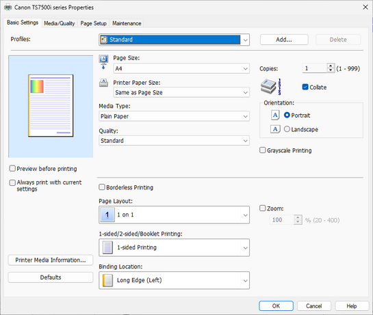 Capture d'écran PC de l'interface du pilote d'impression