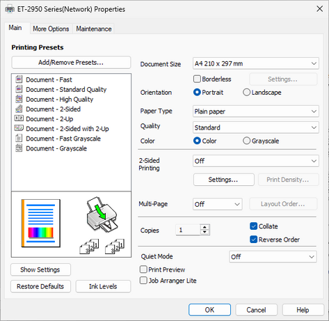 Capture d'écran du PC montrant le pilote d'impression