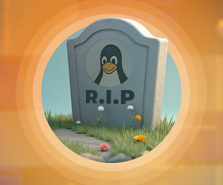 Une pierre tombale représentant la mascotte Linux avec « RIP » gravé en dessous, avec plusieurs distributions Linux abandonnées floues en arrière-plan.