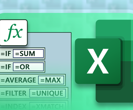 Illustration montrant un symbole de fonction au-dessus d'une liste de formules imbriquées avec le logo Excel à côté.