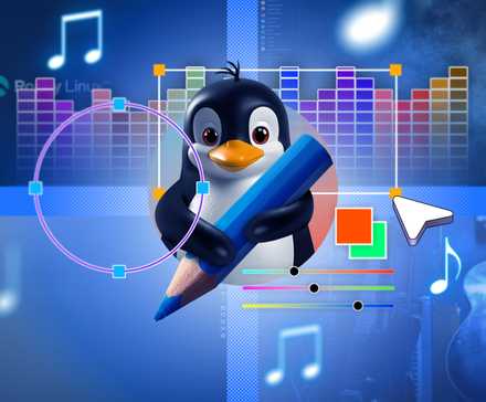 Mascotte Linux tenant un crayon bleu, des barres d'égalisation colorées en arrière-plan et des notes de musique lumineuses, des curseurs et des formes géométriques autour.
