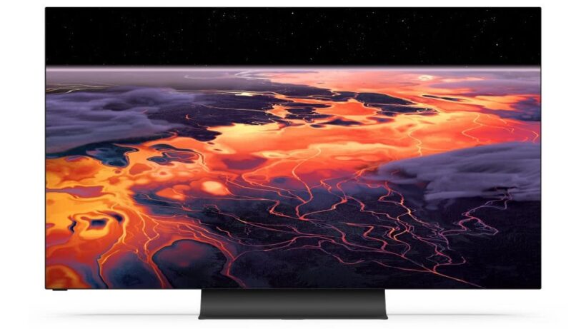 Un téléviseur OLED Vizio noir posé sur un fond blanc