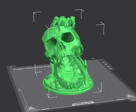 Un aperçu du modèle de crâne de tour de dés dans un logiciel d'impression 3D.