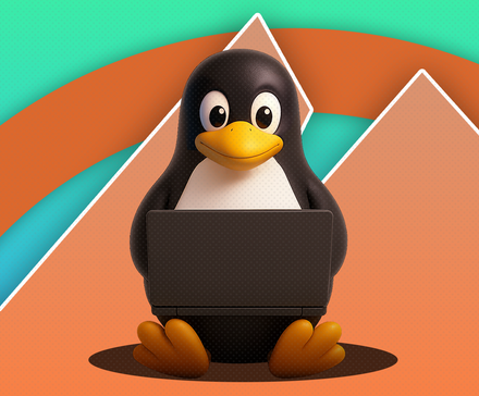 Tux, la mascotte Linux, utilisant un ordinateur portable devant le logo des montagnes de bureau Cinnamon.