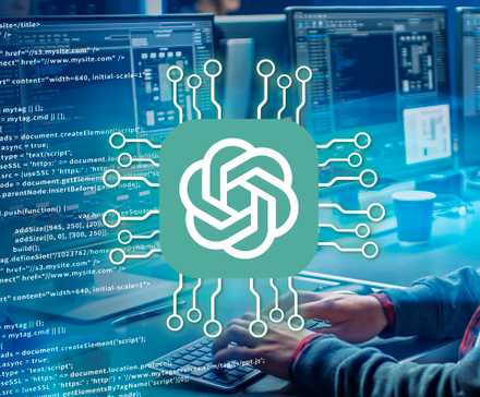 Logo ChatGPT avec quelques circuits sur les côtés et un homme programmant sur un bureau en arrière-plan avec quelques codes sur le côté gauche.