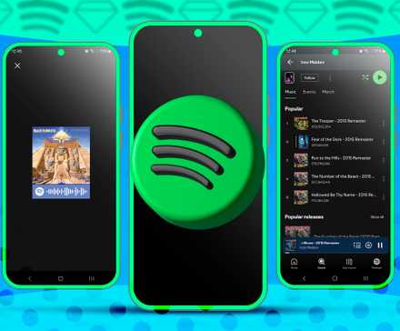 Trois téléphones avec un écran Spotify et le logo au centre.