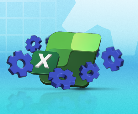 Logo Microsoft Excel entouré d'icônes d'engrenage bleues.