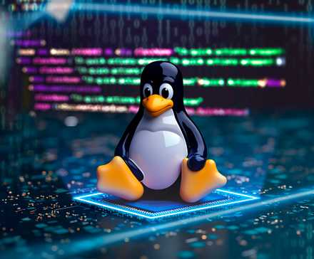Mascotte Linux assise sur une puce avec un code flou en arrière-plan.