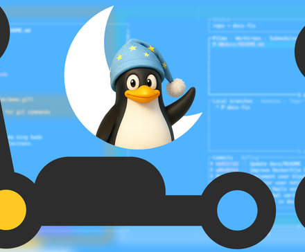 La mascotte Linux portant un bonnet de nuit à l'intérieur d'un croissant de lune, placée sur un arrière-plan flou ressemblant aux couleurs du graphique de validation de Lazygit et entourée d'un diagramme de branchement stylisé avec des nœuds circulaires.