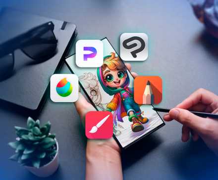 Personne dessinant numériquement sur son smartphone avec quelques icônes d'applications alternatives à Procreate dispersées sur l'écran.