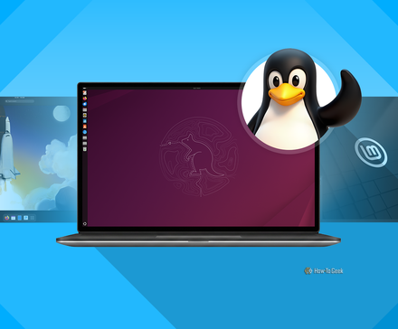 Ordinateur portable affichant le bureau Ubuntu, flanqué d'écrans Fedora et Linux Mint, avec un pingouin Tux souriant.