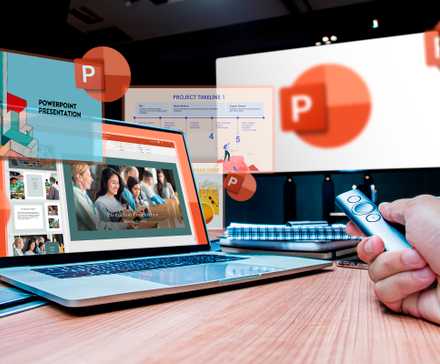Ordinateur portable avec une présentation PowerPoint et un écran avec le logo PowerPoint en arrière-plan.