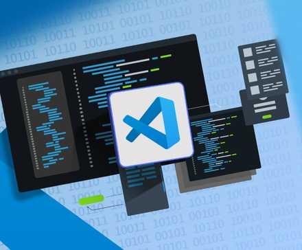 Un environnement de développement intégré et le logo VS Code au centre.