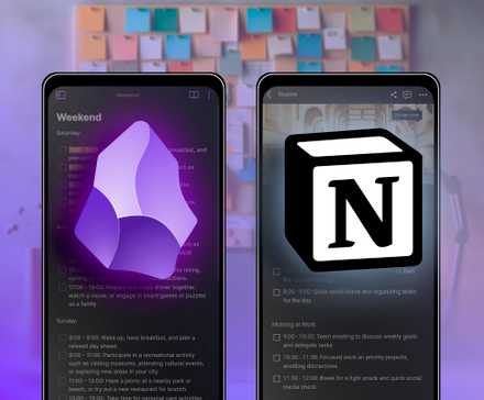 A gauche, un smartphone avec le logo Obsidian, à droite un smartphone avec le logo Notion.