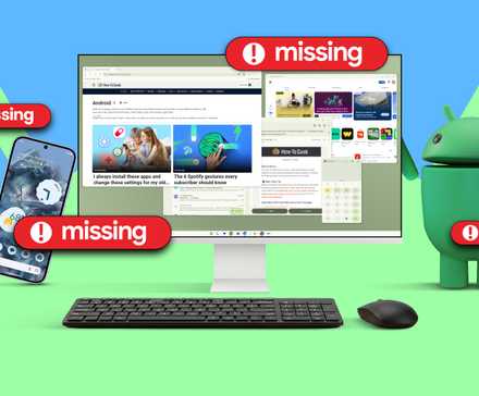 Une configuration de bureau comportant un téléphone Android, un moniteur et une mascotte, entourés d'étiquettes rouges « manquantes »