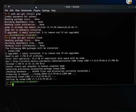 Fenêtre du terminal Linux montrant l'installation de Steam.