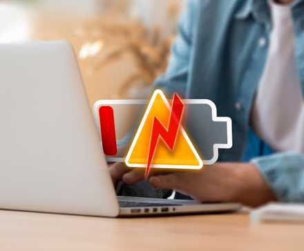 Personne utilisant un ordinateur portable avec une icône de batterie faible et une alerte.