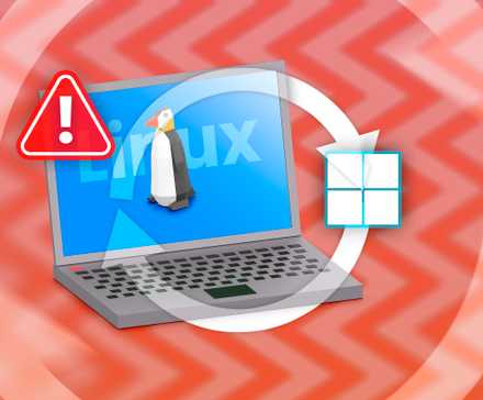Un ordinateur portable avec Linux, le logo Windows à côté, une icône d'échange au centre et un panneau d'avertissement.