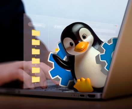 Une main utilisant un ordinateur portable et une mascotte Linux sortant de l'écran avec un équipement et quelques fichiers derrière.