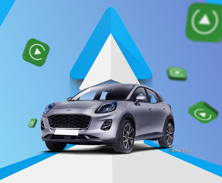Une voiture avec le logo Android Auto au-dessus et des icônes Apple CarPlay flottant autour.