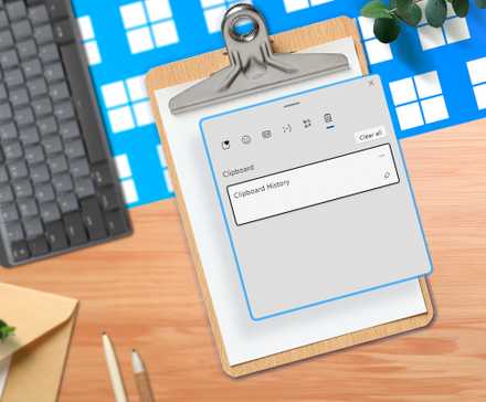 Un presse-papiers avec une capture d'écran de l'historique du presse-papiers sur un bureau en bois, un clavier à côté et plusieurs logos Windows en arrière-plan.