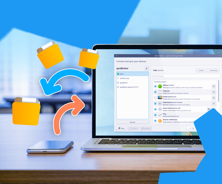 Ordinateur portable exécutant KDE Connect avec un smartphone à côté, comportant des icônes de transfert de fichiers et des flèches pour le partage Android vers PC.
