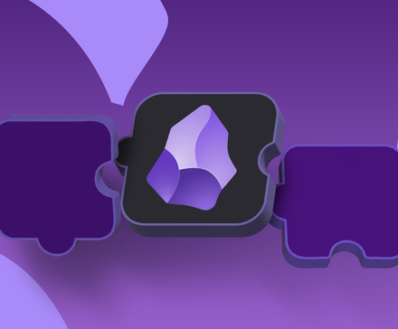 Illustration du logo de l'application Obsidian centré à l'intérieur d'une pièce de puzzle, relié à deux autres pièces de puzzle de chaque côté.