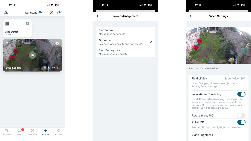 Écran principal et options de l'application Arlo Ultra 3